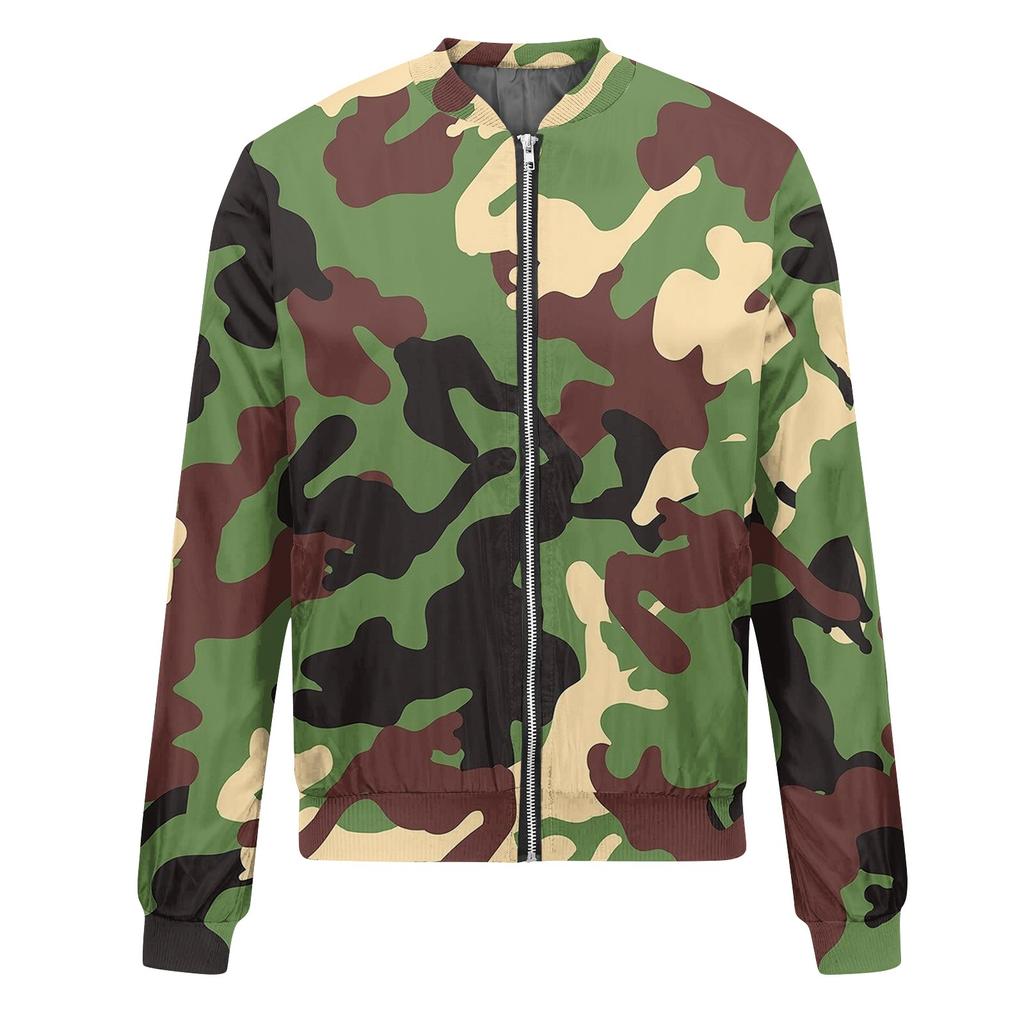 Damen Langarm Reißverschluss Camouflage Print Jacke Lässige Steppjacke mit Taschen