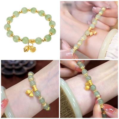Women Bracelet with Elastic Cord Glass Beads Lotuses Flower Pendant Wristchain Traditional Chinese Style Handchain