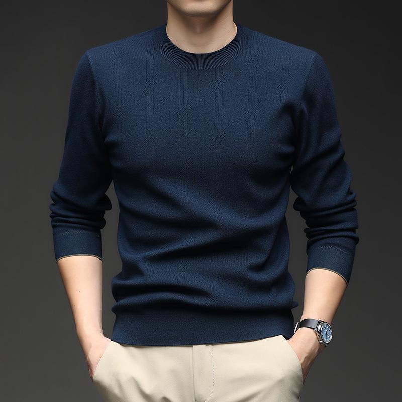 Men's Solid Color Jacquard Sweater - 2025 Autumn/Winter Casual Round Neck Knitwear