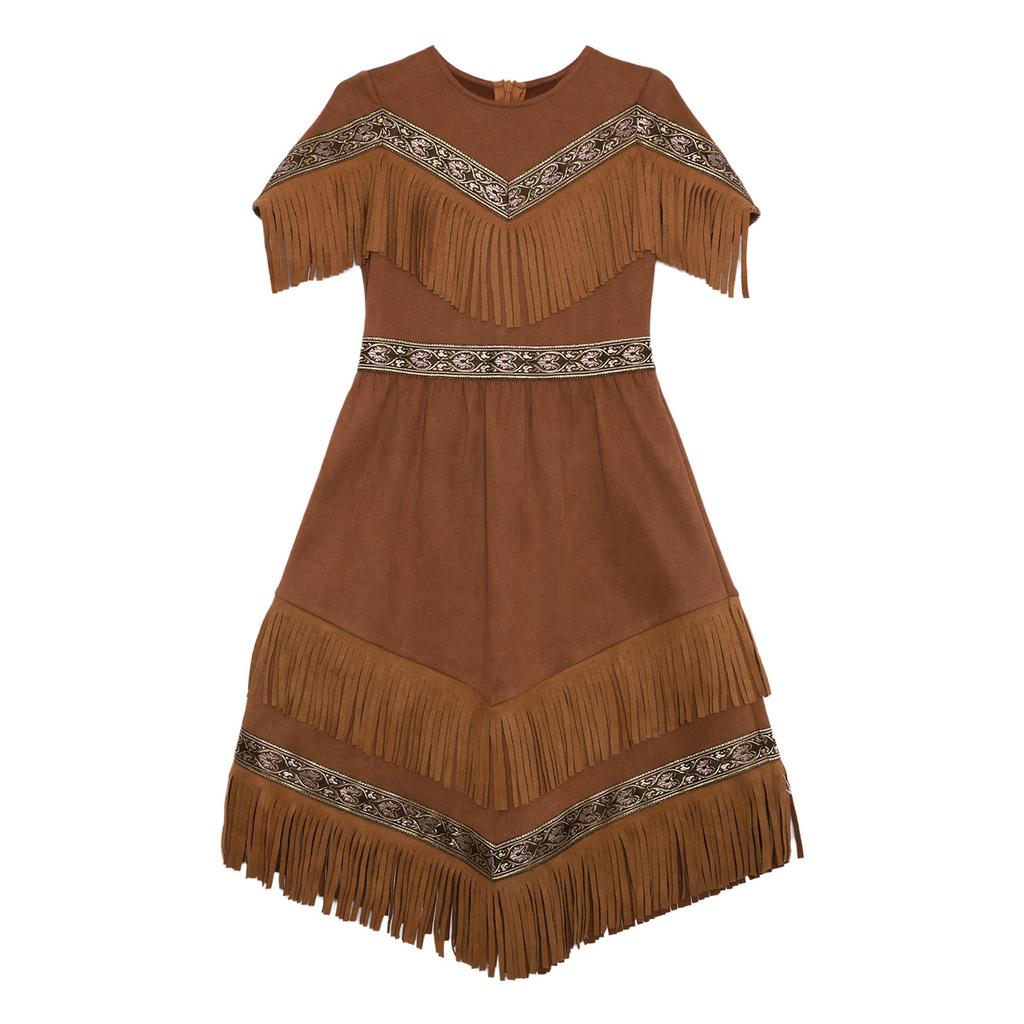 Girls Fringe Hem Dress Double Layer Tassel Decoration Round Neck Short Sleeve Chest Fringes Party Costume
