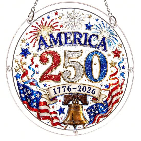 Acrylic Jigsaw Puzzle Suncatcher, US 250th Anniversary DIY Sun Catcher Kit, Stained Glass Style Patriotic Window Hanging Ornament for Independence Day