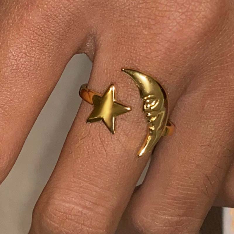 Stainless Steel Gold Color Star Moon Open Rings for Women Minimalist Metal Geometric Adjustable Ring Waterproof Jewelry Gift