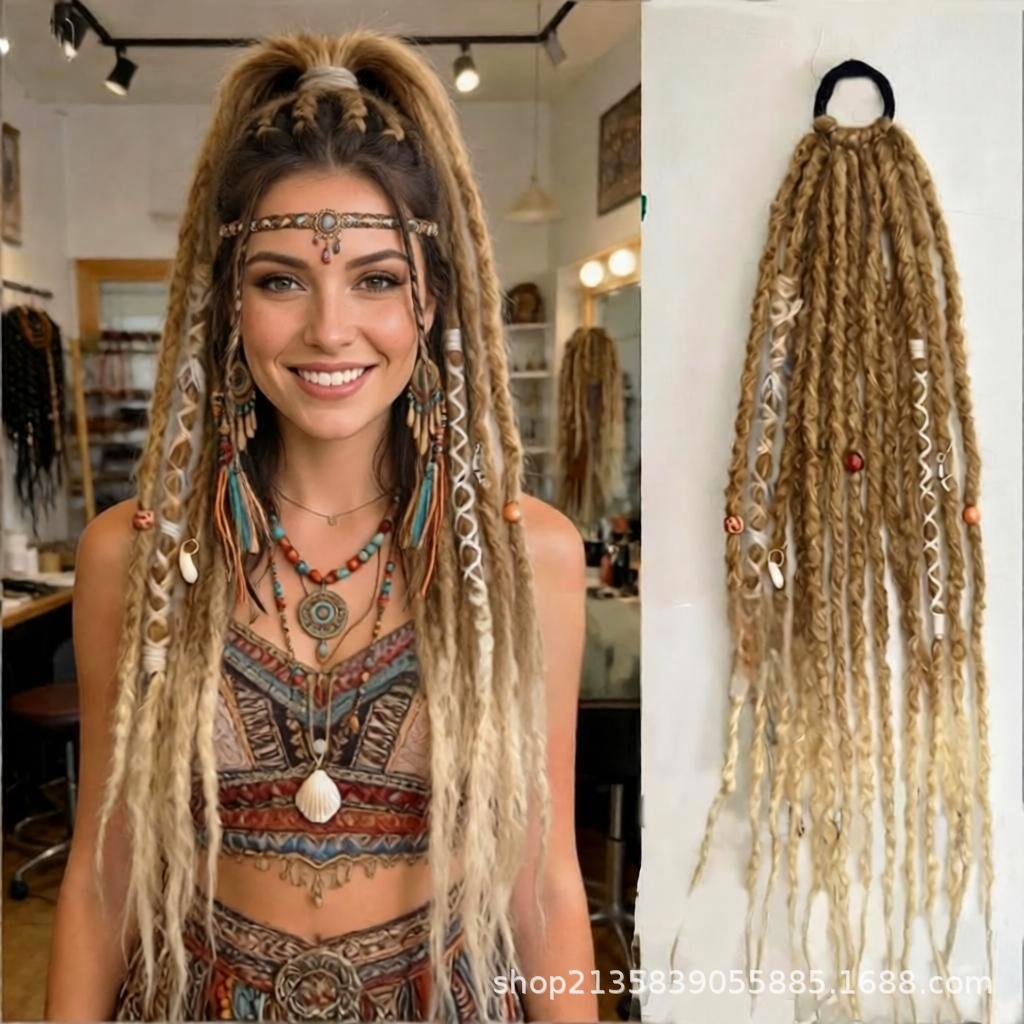 Meșe Boho Dreadlock Clip-in 16 , 2 Bucăți Extensii Păr Sintetic Handmade cu Mărgele pentru Cosplay Zilnic black