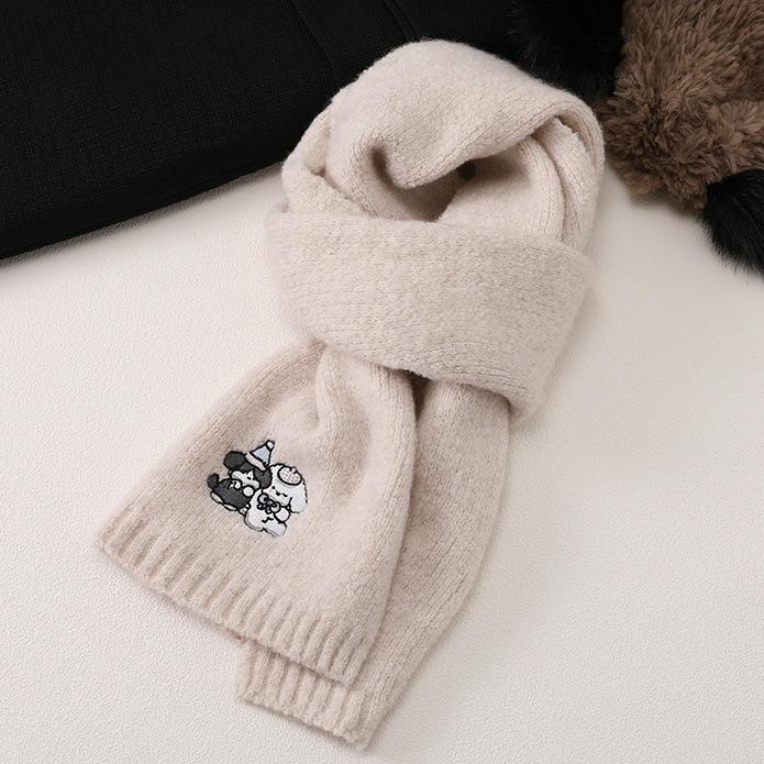 Korean atmosphere puppy embroidery including wool scarf women's new winter warm knitted wool adult scarf