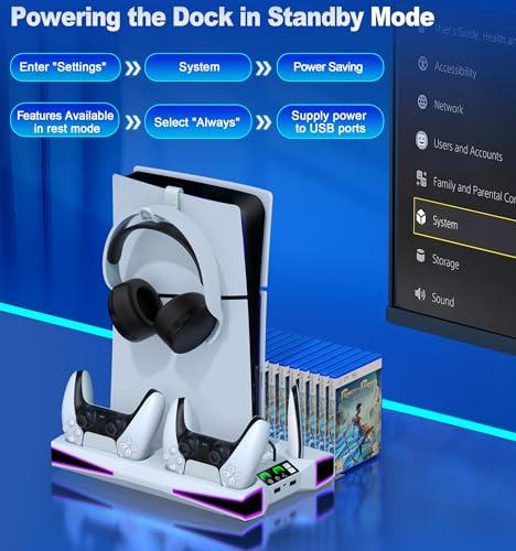 PS5 Slim Stand with 6-Color RGB Lights, PS5/PS5 Slim Controller Charging Stand, Simultaneous Charging of 2 Controllers, 3-Stage Cooling, PS5 Disc/Digi