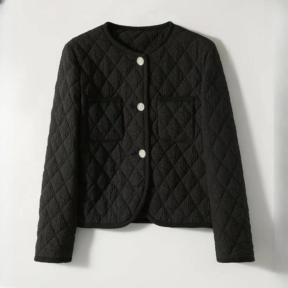 Autumn Winter Women's Short Diamond-Quilted Lightweight Cotton-Padded Coat Designed V-Neck Layering Casual Loose Top