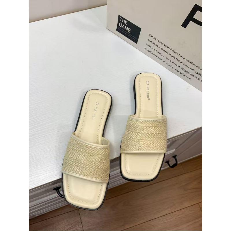 

One-word shoes for women to wear in summer, new beach seaside vacation woven flat-bottomed cool slippers 35 белый