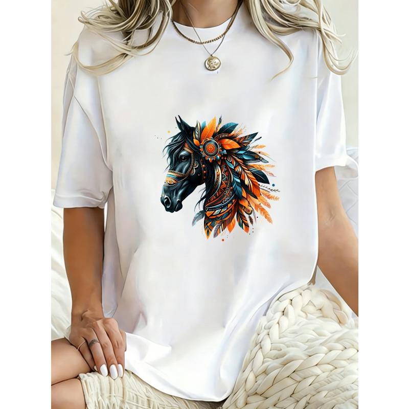 Oversized T Shirt Dress Black Horse With Feathers And Tribal Design Graphic Print Casual Streetwear For Women