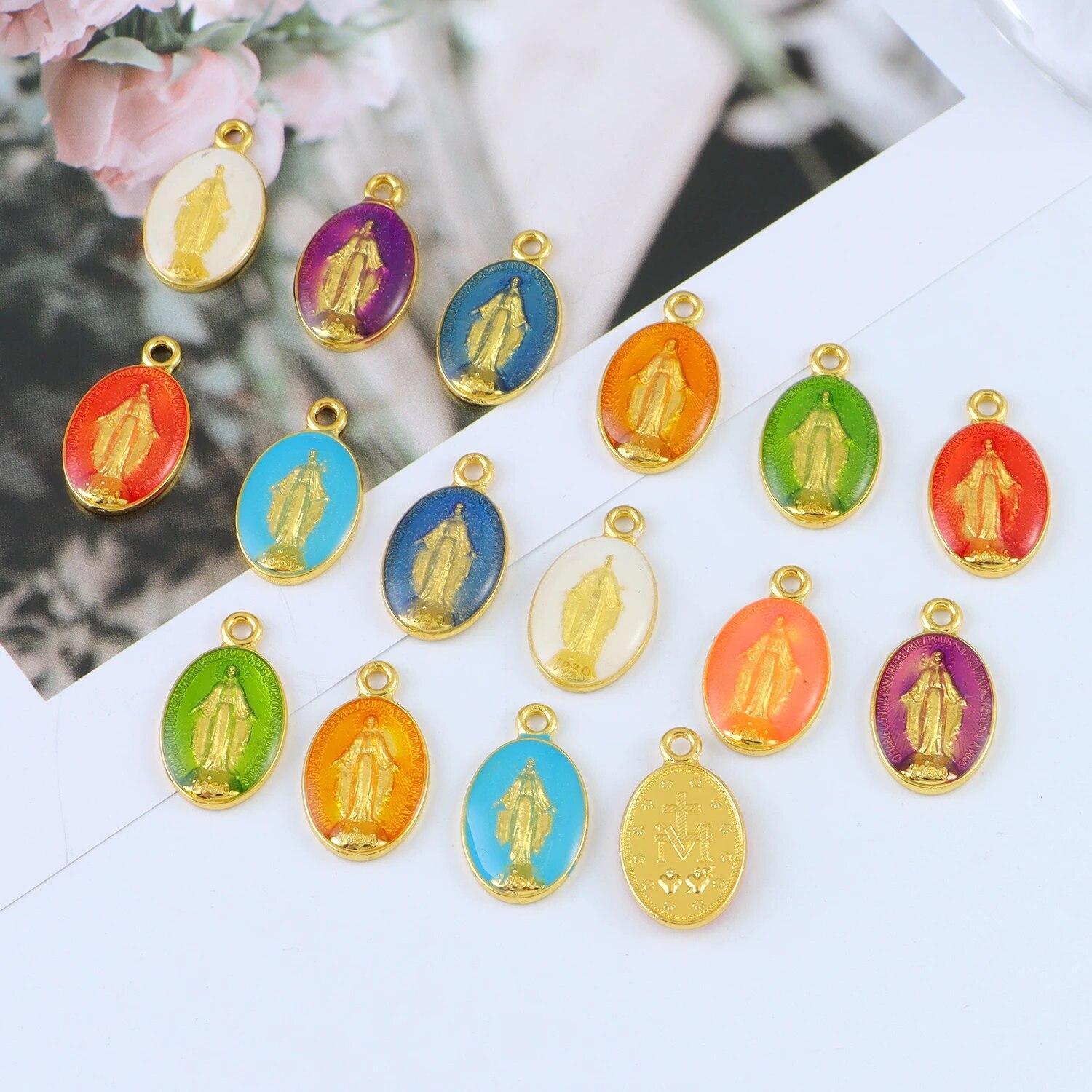 

16pcs Gold-Plated Oval Pendant Connector Catholic Virgin Mary Medal Three Hole Charm For Handmade Rosary DIY Medal Pendant
