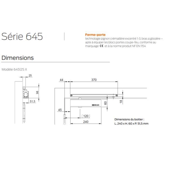 Bricard Ferme-porte 6451257 hydraulique Argent. Force 1 à 3 (60kg). Pose rapide et aisée. 100% réversible.