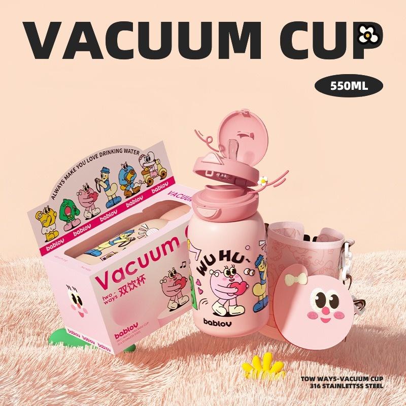 Bablov 550ML Thermos Water Bottle With Straw Cute Cartoon Stainless Steel Vacuum Flask Kids Portable Outdoor Camping Water Cup