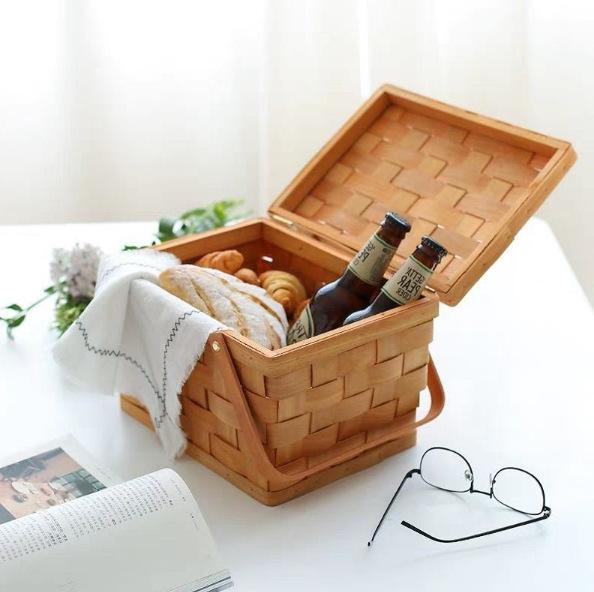 2pc Wood Weaving Picnic Portable Fruit Holder Home Storage Basket