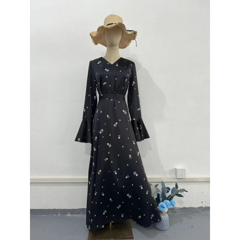 

European and American New Lotus Leaf Sleeve Waist Hugging Floral Dress Printed Lotus Leaf Sleeve Dress Black 2XL