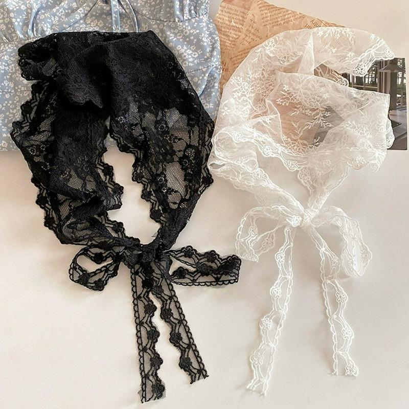 Women Elegant Lace Triangle Headscarf Lace Up Hair Accessory Summer Flower Mesh Scarf Wrap Boho Style Hair Band Soft Headband