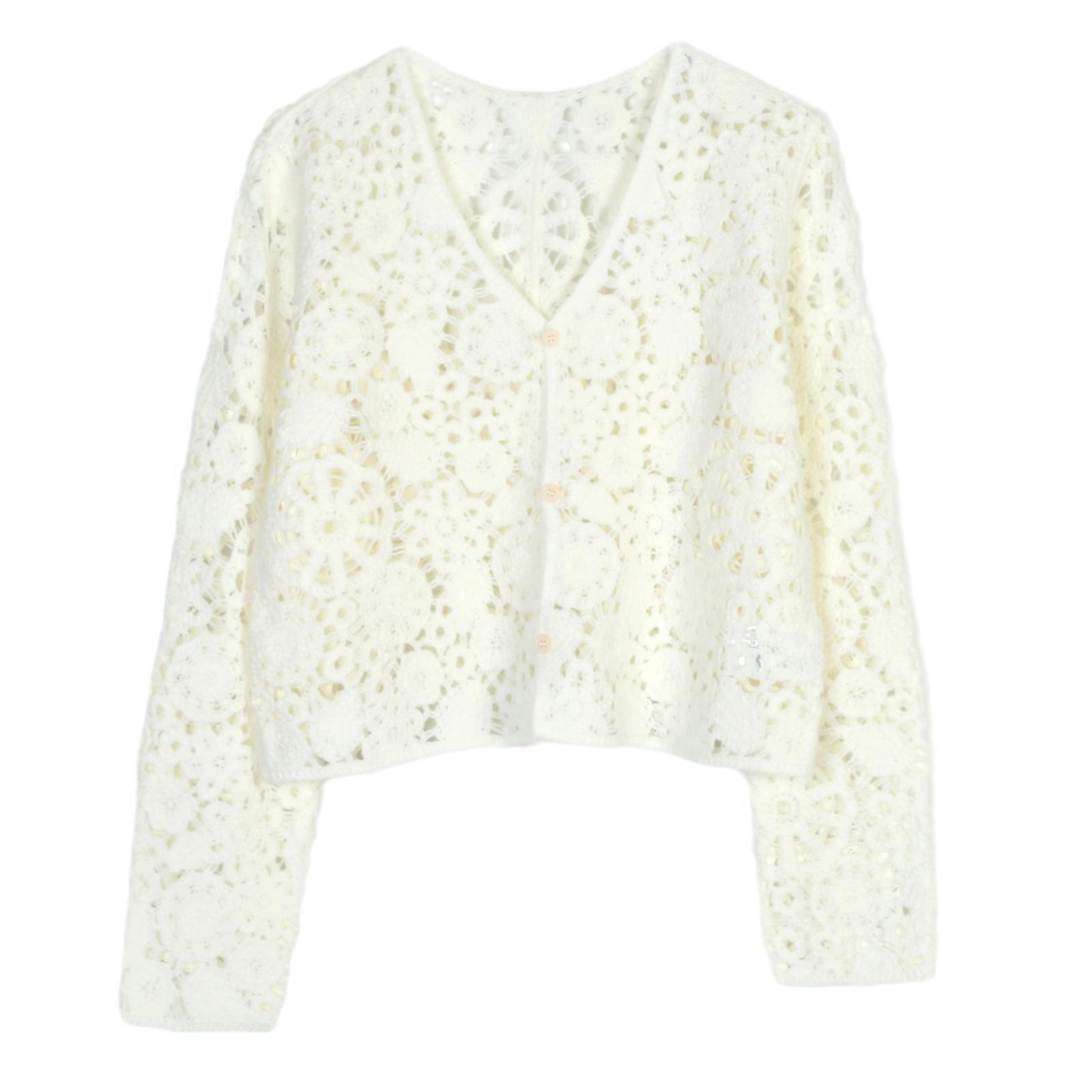 

Кардиган ручной вязки крючком с цветочным узором и V-образным вырезом - Женский трикотаж для весны/осени L