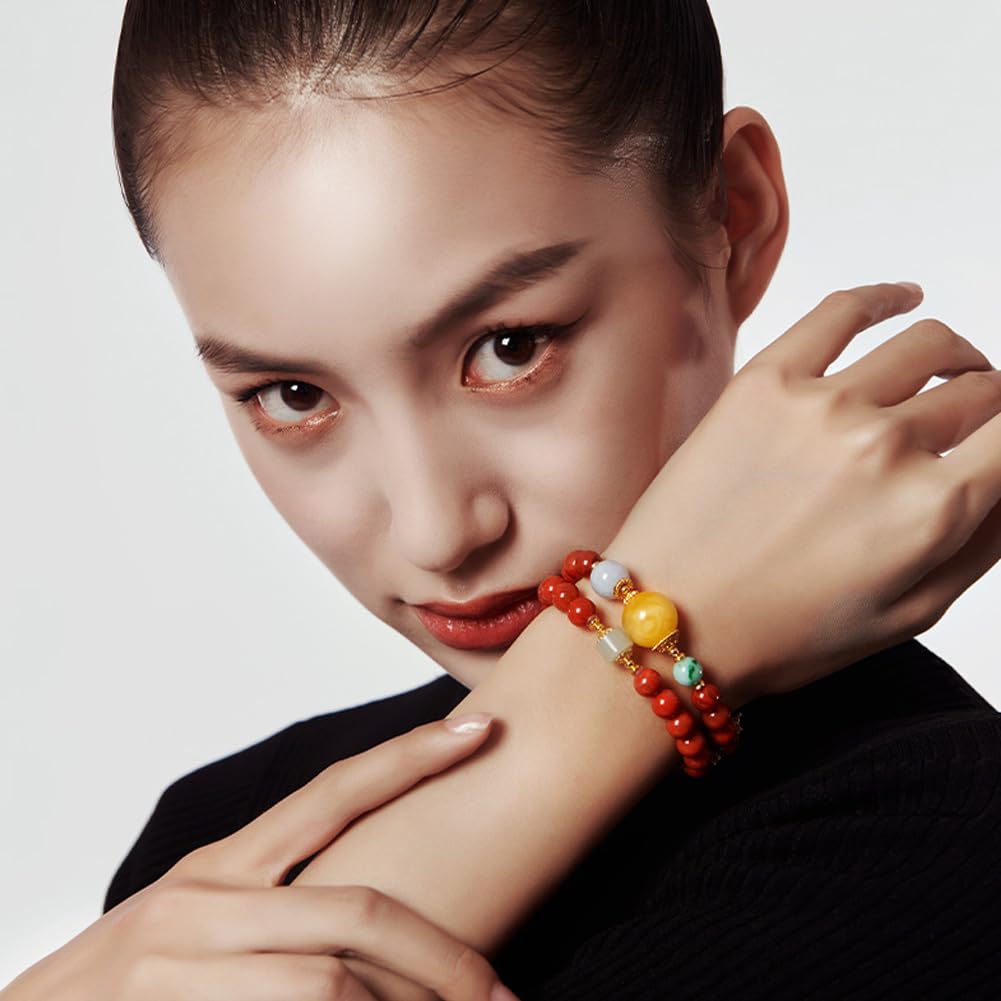DAZZARRY Red Agate 10mm Double Power Stone Prayer 18K 15mm Natural Good and Fortune Women's Bracelet, Beads, Gold, Amber, Jadeite, Stone, Luck,