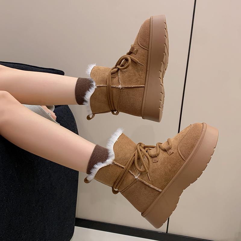 Women's one-step elastic thick sole winter fur one warm cold padded snow boots non-slip wear casual sports short cotton boots