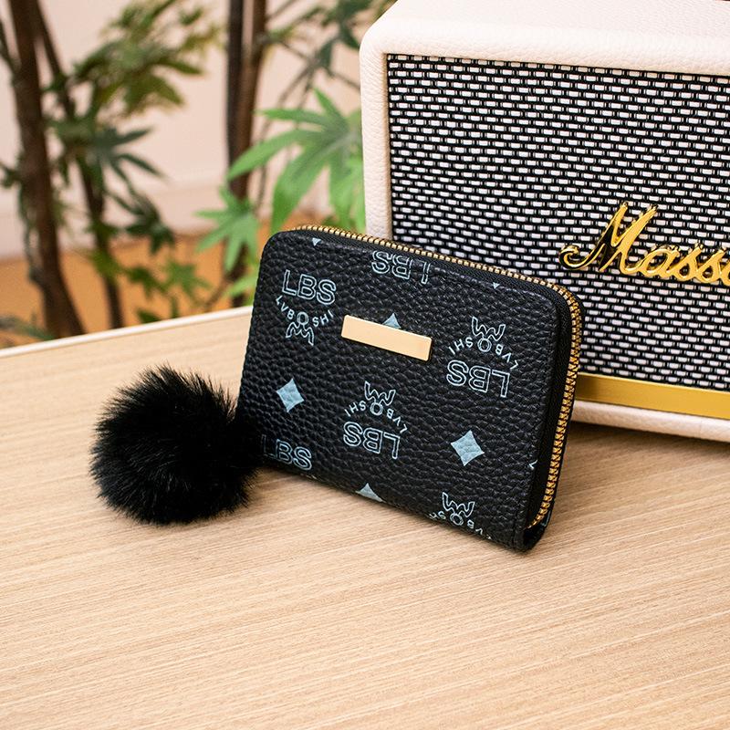 Women's change bag autumn new letter iron sheet with hairball fashionable and simple short wallet