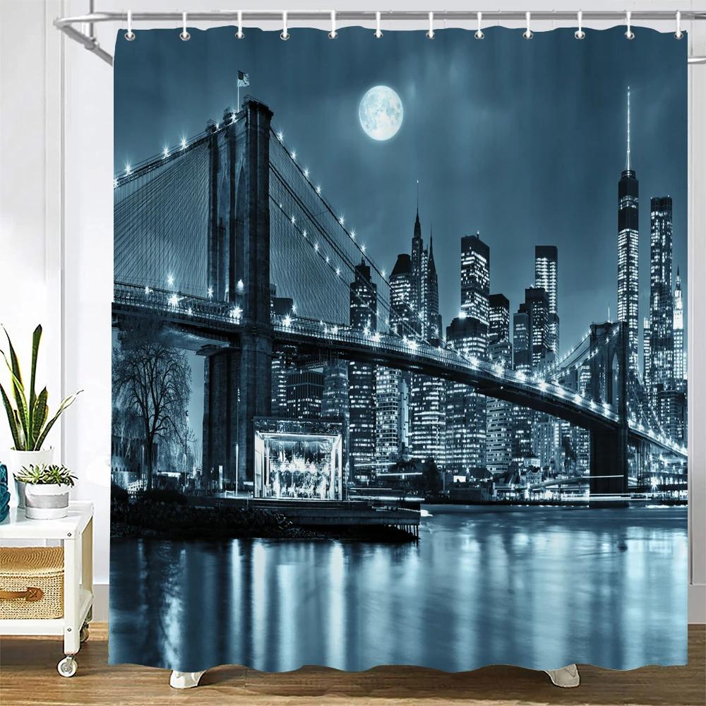 

New York London Bridge Shower Curtain Printed Waterproof Fabric Polyester City Scenery Night View Bath Curtain Bathroom Decor W60H190(CM)-1 Pcs