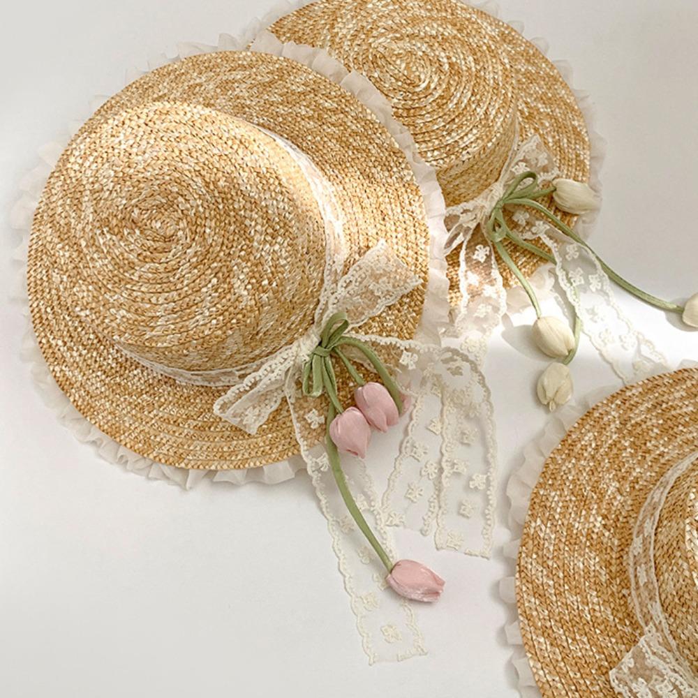 Flower Lace Bow Straw Hat Wide Brim Summer Beach Sun Hat Outing in Spring Tulip Hat  Beachside