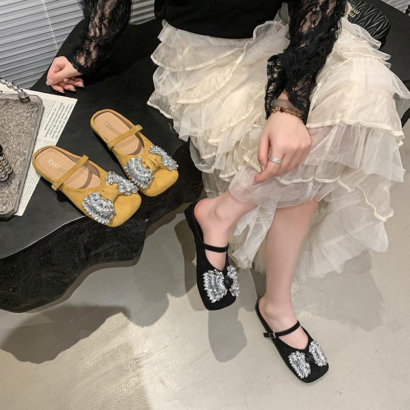 Rhinestone Bow Mary Jane Shoes Women's 2025 Summer New Soft-soled Bag Head Slippers One Word with Shallow Mouth Single Shoes