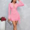 Mesh Long-sleeved Dress, European and American Sexy V-neck Strap Pleated Neck Horn Sleeve Dress