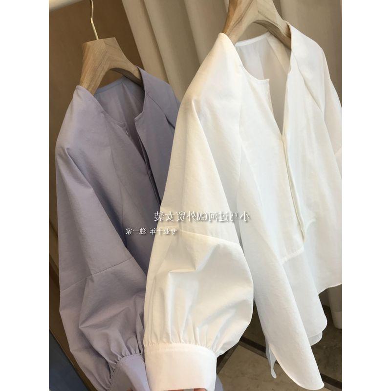

The Fabric Is Superb ~ the Texture Is Amazing!! Minimalist Style Loose Profile Small round Neck Lantern Sleeve Shirt Tops Women Purple M