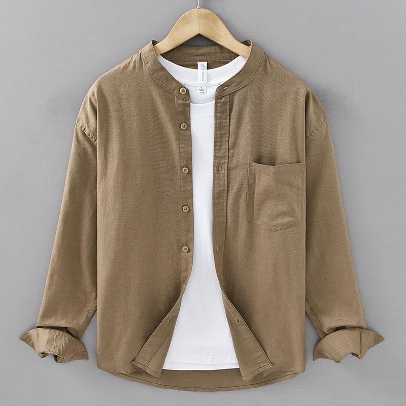 Cotton Linen Shirt Mandarin Collar Long Sleeve Casual Loose Fit Button-Up Shirt Men's Retro Camping Fishing