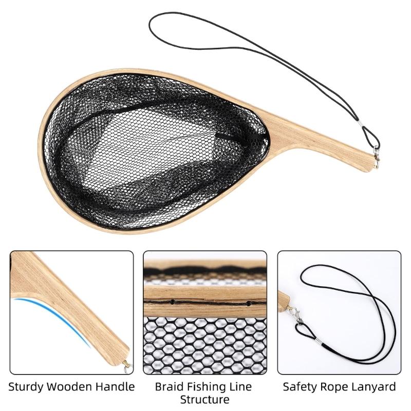 Wooden Poles Fishing Landing Net with Lanyard Fishing Net Portable for Adult Unisex Landing Net with Comfortable Handle