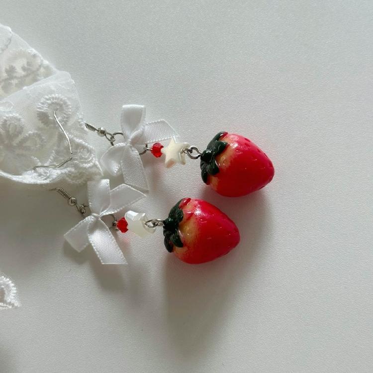Elegant Fruit Charm Earrings Bowknot Strawberry Ear Pendants Unique Accessory