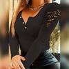 Women Hollow Out Lace Patchwork Pullover T Shirt Long Sleeve Slim Fit Soft Stretchy Round Neck Button Closure Solid Color Top Lady Spring Fall