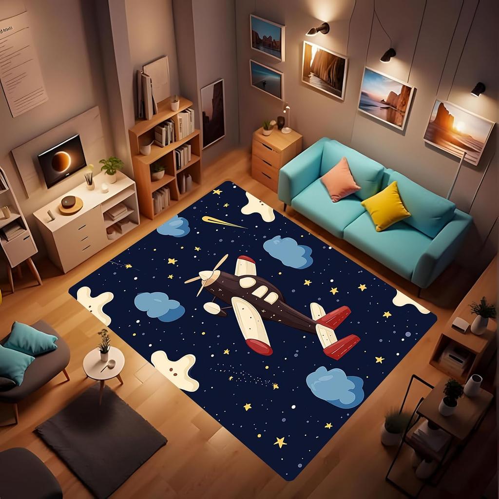 Soft Airplane Area Rug, Area Foldable Rectangular Rug, Cartoon Airplane Print Rug, Washable Rug with Rubber Non-Slip Rug