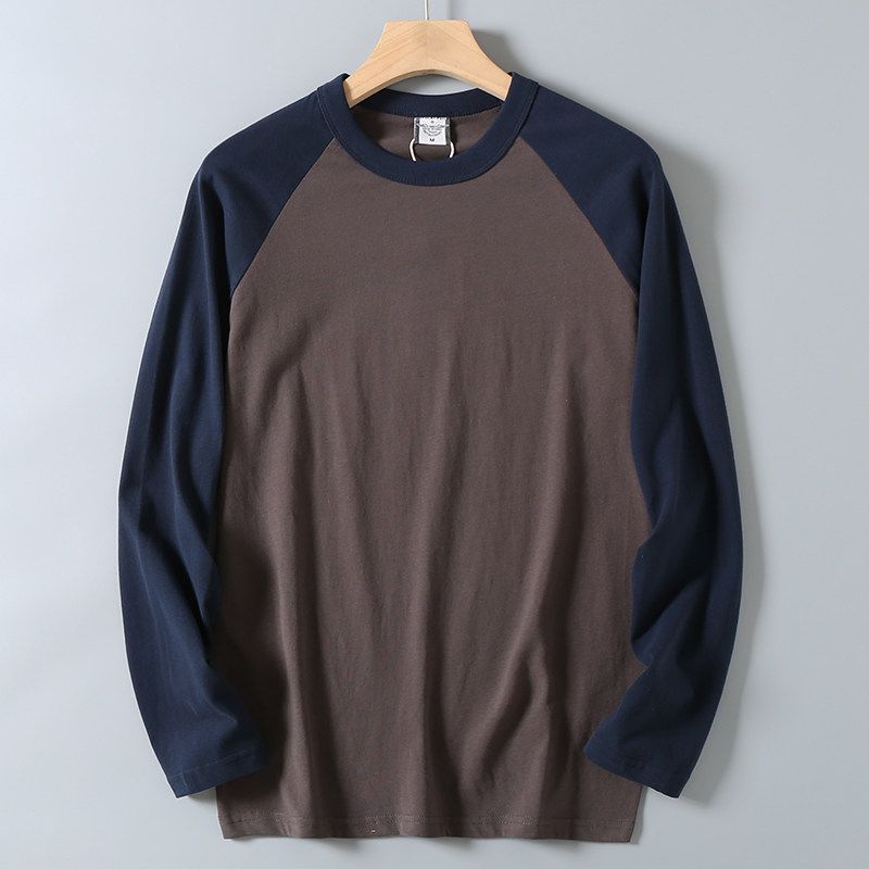 Style Pure Cotton Fashion Brushed Long Sleeve Spring and Autumn Bottoming Shirt Men's Solid Color Patchwork Raglan Sleeve Couple round Neck T-shirt