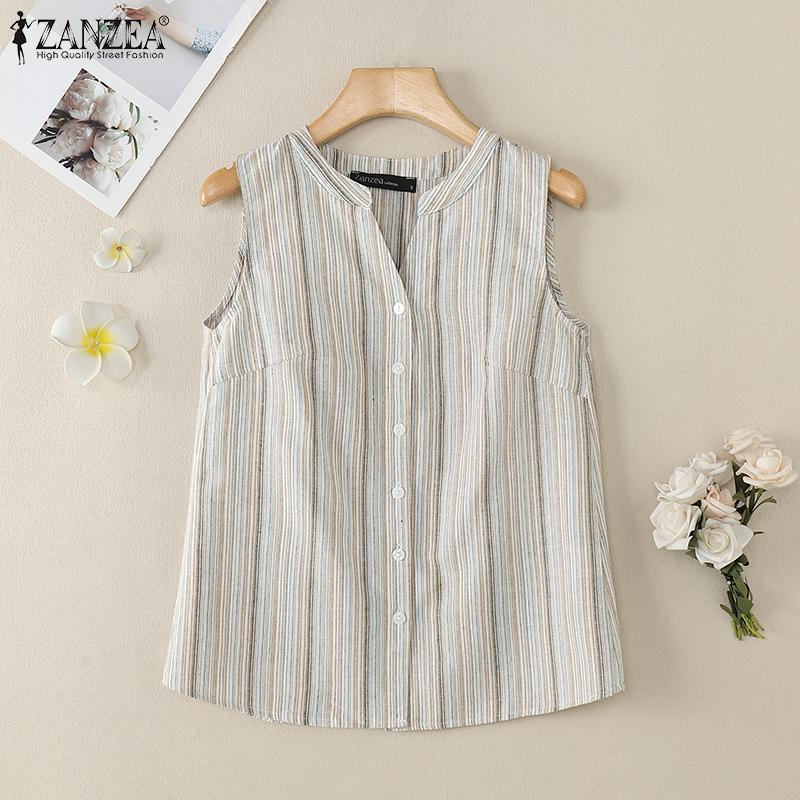 ZANZEA Women Casual V-neck Summer Sleeveless Stripe Tank Tops