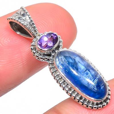 Natural Kyanite, Amethyst Gemstone 925 Solid Sterling Silver Pendant 1.30" v2K47