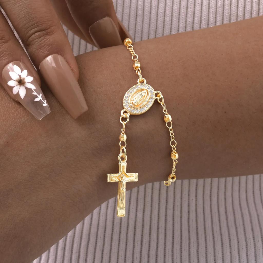 Vnox Virgin Mary Bracelets Necklaces For Women Men,Delicate Jesus Cross Pendent,Christian Catholic Hand Neck Jewelry Set Gifts