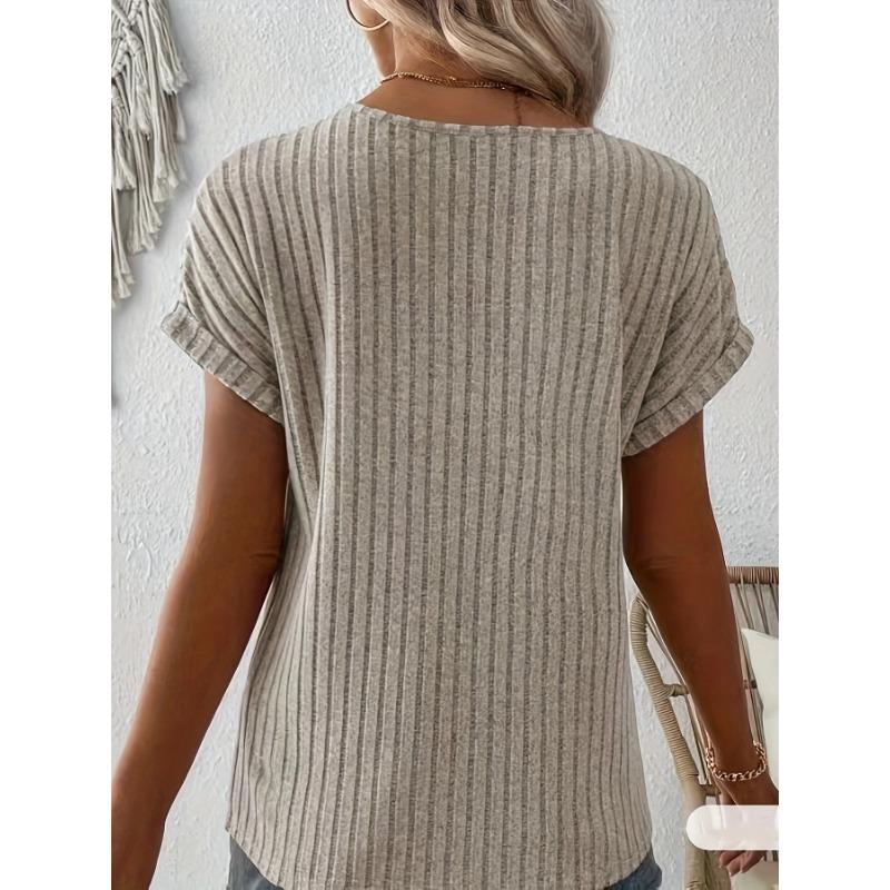 Exquisite Ribbed Round Neck Notched T-shirts Comfortable and Versatile Cashmere Short Sleeved Women's T-shirts