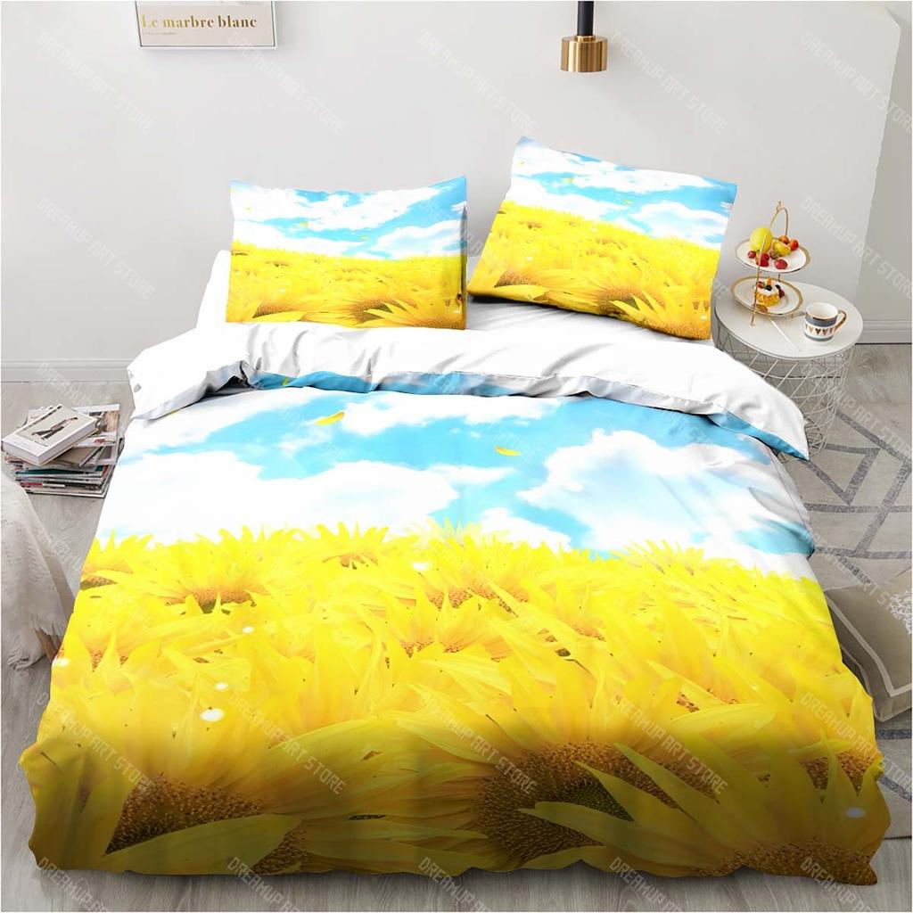 3D Sunflower Printing Set Bedding Floral Pattern Three-piece Set Living Room Bedroom Home Decoration Pillowcase Quilt Cover Gift
