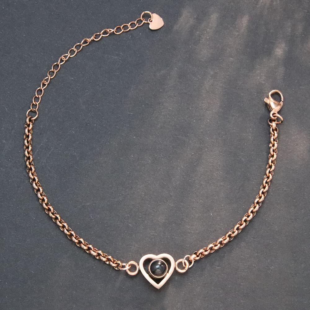 Silver/Gold Color Projection Photo Heart Bracelet with Stainless steel a chain Heart Bracelet Bangle Jewelry for Men Women