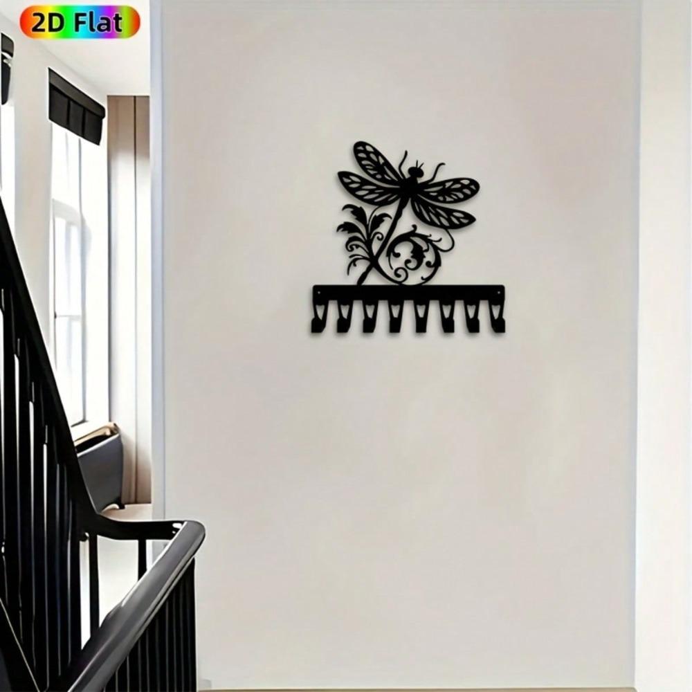 Vintage Dragonfly Metal Wall Key Holder with Leaf Design Iron Art 8 Hooks Gift for Nature Lovers