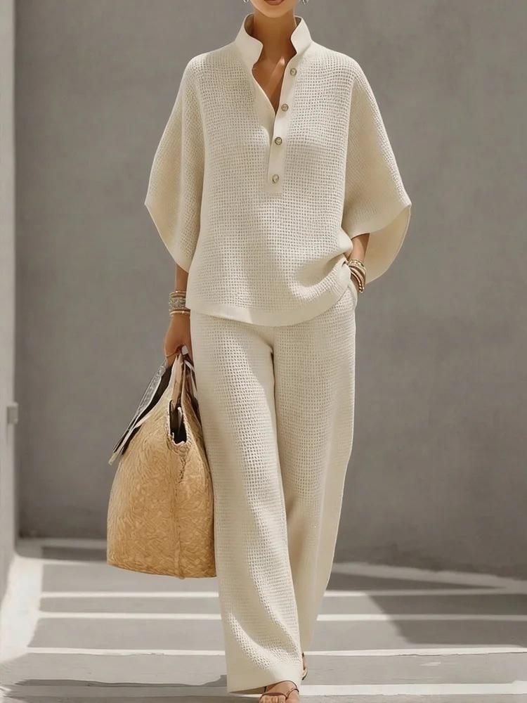 2026 European and American Cross-border Women's Clothing Casual Loose Breathable Solid Color Button-up Shirt Top Wide-leg Pants Set Summer