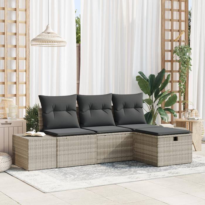 VidaXL Ensemble de Canapés de Jardin de 4 pièces avec Coussins en Poly Rotin Gris Clair 3360683