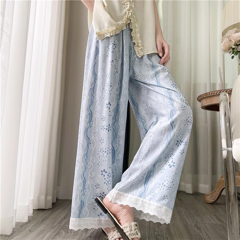Lace Pants, Butterfly Knot Cotton Silk Printed Wide Leg Pants, Women's Spring And Summer Elastic Waist High Waist Pants, Cartoon Cute Cool Pants