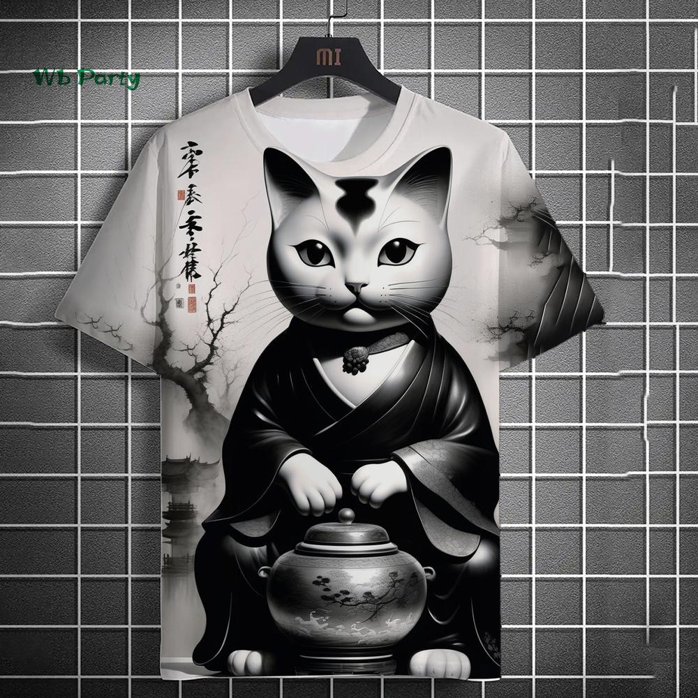 

Модная мужская футболка с принтом 3D-мультяшного кота, футболка с коротким рукавом, забавные топы в стиле Харадзюку, летняя мужская свободная уличная повседневная одежда 3XL