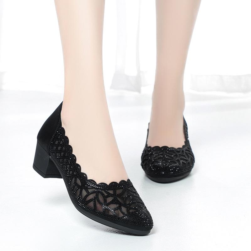 Shoes For Women 2026 Comfortable And Elegant Spring Summer Footwear Rhinestone with Crystals Black Low Heel Transparent Simple
