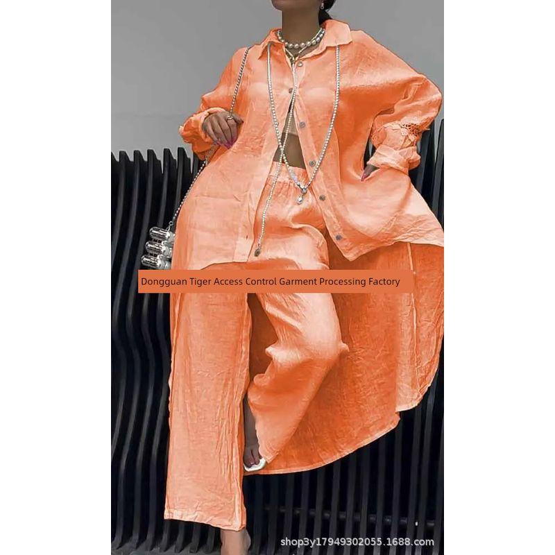 

Summer New Fashion Casual Women clothes Irregular Hem Long sleeve Top Pants Plus size set Women Suit Orange color XL