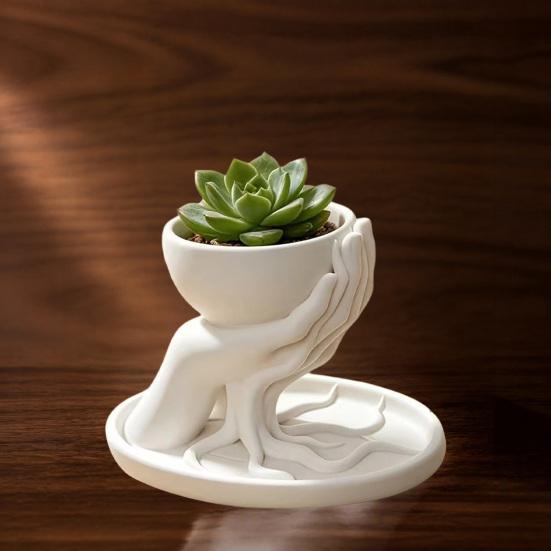 Palm Shape Succulent Planter 3D Printed Shaped with Drainage Tray, Holding Natural Literary Style Tabletop Decor Mini Flower Pot, Small Desktop Plant