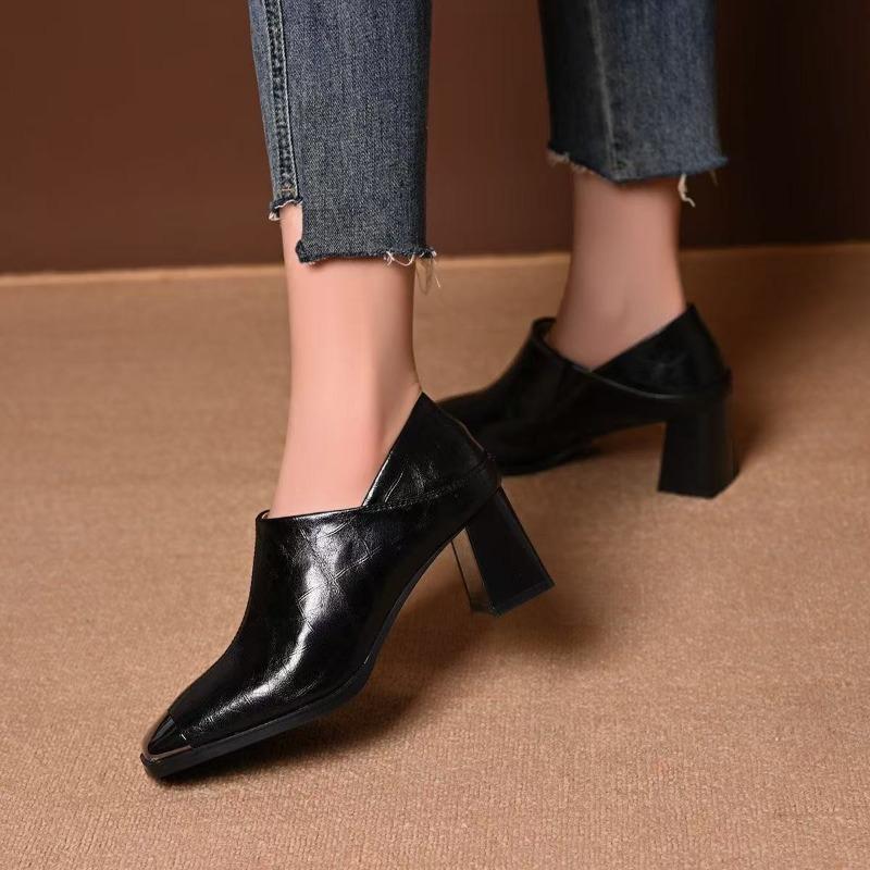 Metal Square Toe Block Heel Single Boots Women's Fashion Rear Zip Anti-Slip Wear-Resistant Short Shoe