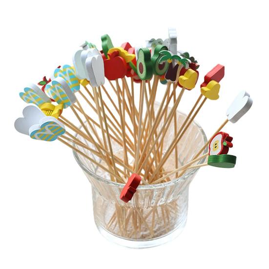 100PCS Disposable Cocktails Picks, Natural Bamboo Stick, with Beach Fruits Palm Trees Decoration, Fruit Picks for Parties And Picnic 100pcs Random Style