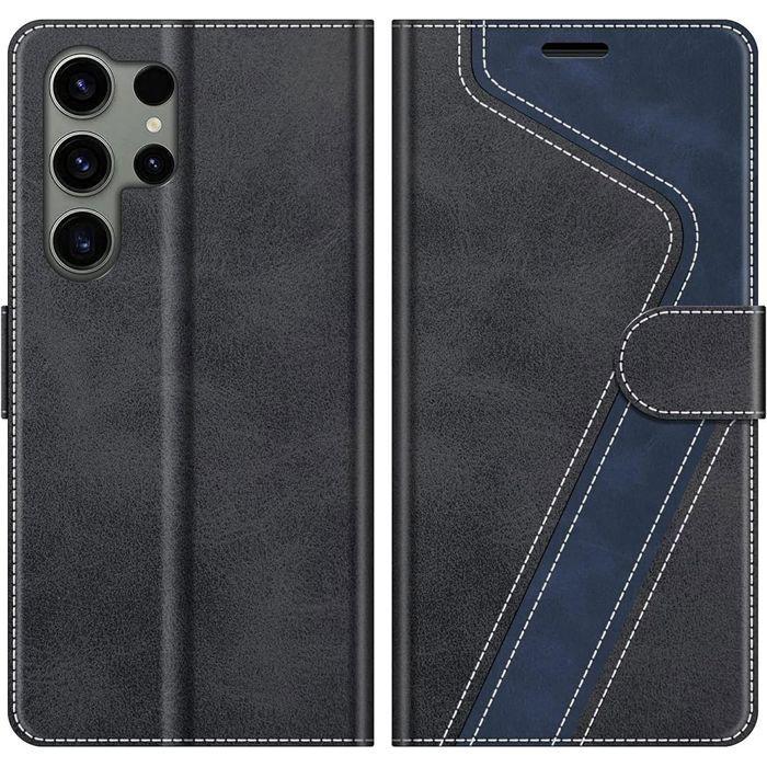Coque Rabat - BOOLING - pour Samsung Galaxy S25 Ultra - Cuir PU Noir Bleu Marine - 2 Verres Trempés